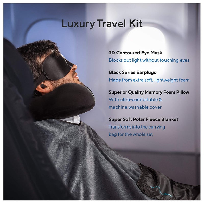 Proglobe Travel Blanket Luxury Travel Set - Ergonomic Airplane Neck Pillow 100% Pure Memory Foam and Super Soft Fleece Blanket - Premium 3D Sleep Mask & Earplugs - Ultimate 4-in-1 Traveling Kit Black - Image 2